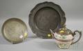 Pewter Nappie Charger and Pewtermounted Ceramic Teapot