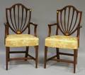 Pair of Federal Upholstered Inlaid Mahogany Shieldback Armchairs