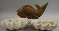 Two Carved Marble Shellform Garden Ornaments and a Carved Stone Fish Figural Garden Ornament