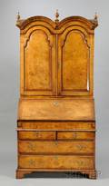 Queen Annestyle Walnut and Burl Walnut Inlaid Doubledome Secretaire Bookcase