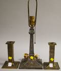 Pair of Pairpoint Arts  Crafts Brassplated Candlesticks and a Cast Metal Boudoir Table Lamp Base
