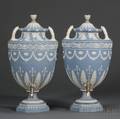 Pair of Wedgwood Solid Blue Jasper Tea Urns and Covers