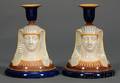 Two Wedgwood Majolica Sphinx Head Candlesticks