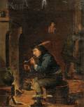 Dutch School 17th Century Style Interior with a Man Lighting His Pipe