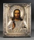 Russian Icon with Silver Riza Depicting Christ the Ruler