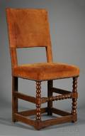 Set of Eight Jacobeanstyle Suedeupholstered Oak Dining Chairs