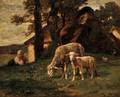 Charles Emile Jacque French 18131894 View of a Shepherdess Watching a Grazing Ewe and Lamb at Pasture