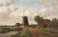 Willem Vester Dutch 18241871 View of Figures by a Bridge and Windmill