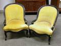 Pair of Victorian Rococo Revival Upholstered Ebonized Slipper Chairs