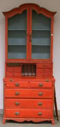 Italian Rococostyle Redpainted Wooden Writing DeskBookcase