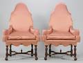 Pair of Queen Annestyle Upholstered Carved Walnut Armchairs