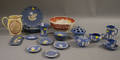 Twentythree Pieces of Modern Wedgwood Solid Light Blue Jasperware and a Queens Ware Boston Jug and Bowl