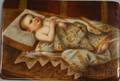 Small Continental Handpainted Porcelain Plaque Depicting a Baby Lying on a Pillow with Decorated Blanket