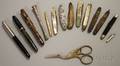 Three Vintage Fountain Pens Nine Penknives a Mechanical Pencil a Sterling Silver Cigarette Holder and German Stork Shears