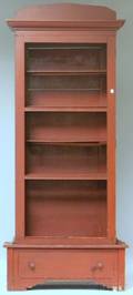 Country Redpainted Wooden Open Bookcase over Long Drawer
