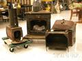 Group of Tin Accessories Parts and a Small Cast Iron Stove