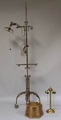 Wrought Iron and Copper Standing Bridge Lamp with Mica Shade and a Brass Table Lamp