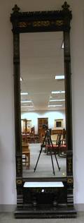 Victorian Eastlaketype Parcelgilt and Ebonized Carved Wooden Pier Mirror with White Marble Shelf