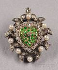 Antique Demantoid Garnet Diamond and Seed Pearl PendantBrooch