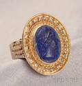 14kt Gold Lapis Cameo and Diamond Ring