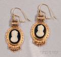 Antique 14kt Gold Hardstone Cameo and Split Pearl Earpendants