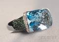 18kt White Gold Blue Topaz Tsavorite Garnet and Diamond Ring