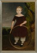 American School 19th Century Portrait of a Boy Wearing a Red Dress Playing with a Hoop