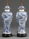 Pair of Chinese Export Porcelain Garniture Vases Mounted as Lamps