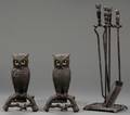 Pair of Cast Iron Owl Andirons with Three Matching Fire Tools and Stand