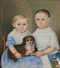 American School 19th Century Portrait of Two Children and Their Spaniel