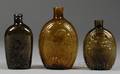 Three Colored Historical Blown Molded Glass Flasks
