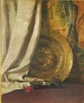 20th Century American School Oil on Canvas Still Life Depicting a Brass Charger with Rose and Drape