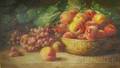 Exene Meyersahm Oil on Canvas Still Life Depicting Grapes and a Basket of Peaches