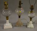 Three Victorian Colorless Molded Pattern and Opaque Glass Kerosene Table Lamps