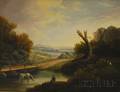 19th Century American School Oil on Board Depicting a Horse in a Stream with Distant Village
