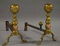 Pair of Brass Belted Balltop Ringturned Andirons