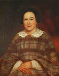 19th Century American School Oil on Canvas Portrait of a Woman in a Plaid Dress