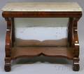 Diminutive Classical White Marbletop Mahogany and Mahogany Veneer Mirrored Pier Table