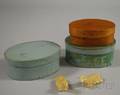 Three Small Oval Covered Lappedseam Boxes and Two Papiermache Sheep Figures