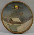 Folk Painted Winter Scene Decorated Turned Wooden Bowl with Embedded Clock