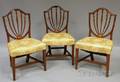 Set of Three Federal Damask Upholstered Inlaid Mahogany Shieldback Side Chairs
