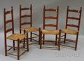 Set of Four Redstained Wooden Slatback Side Chairs with Woven Rush Seats