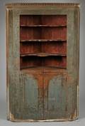 Large Country Green and Redpainted Wooden Corner Cupboard