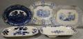 Five Large Blue and White Transferdecorated Ironstone Platters