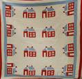 Red White and Light Blue Pieced Cotton Schoolhouse Pattern Quilt