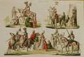 Lot of Three Handcolored Historical Fashion Prints Continental School 19th Century Francesci Capetingi Sec XIII XIV Tedeschi S