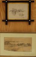 Lot of Two Framed Pencil Drawings Percy Elton Cowen American 18831923 Houses Overlooking the Water