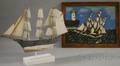 Framed Folk Carved and Painted Wood Ship and Lighthouse Scenic Panel and a Painted Wood and Tin ThreeMasted Sailing Ship Weather Va