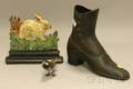 Painted Cast Iron Rabbit Doorstop Bootform Vase and Painted Bronze Bird Figure