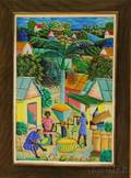 Lot of Two Framed Haitian School Paintings 20th Century Grinding Corn